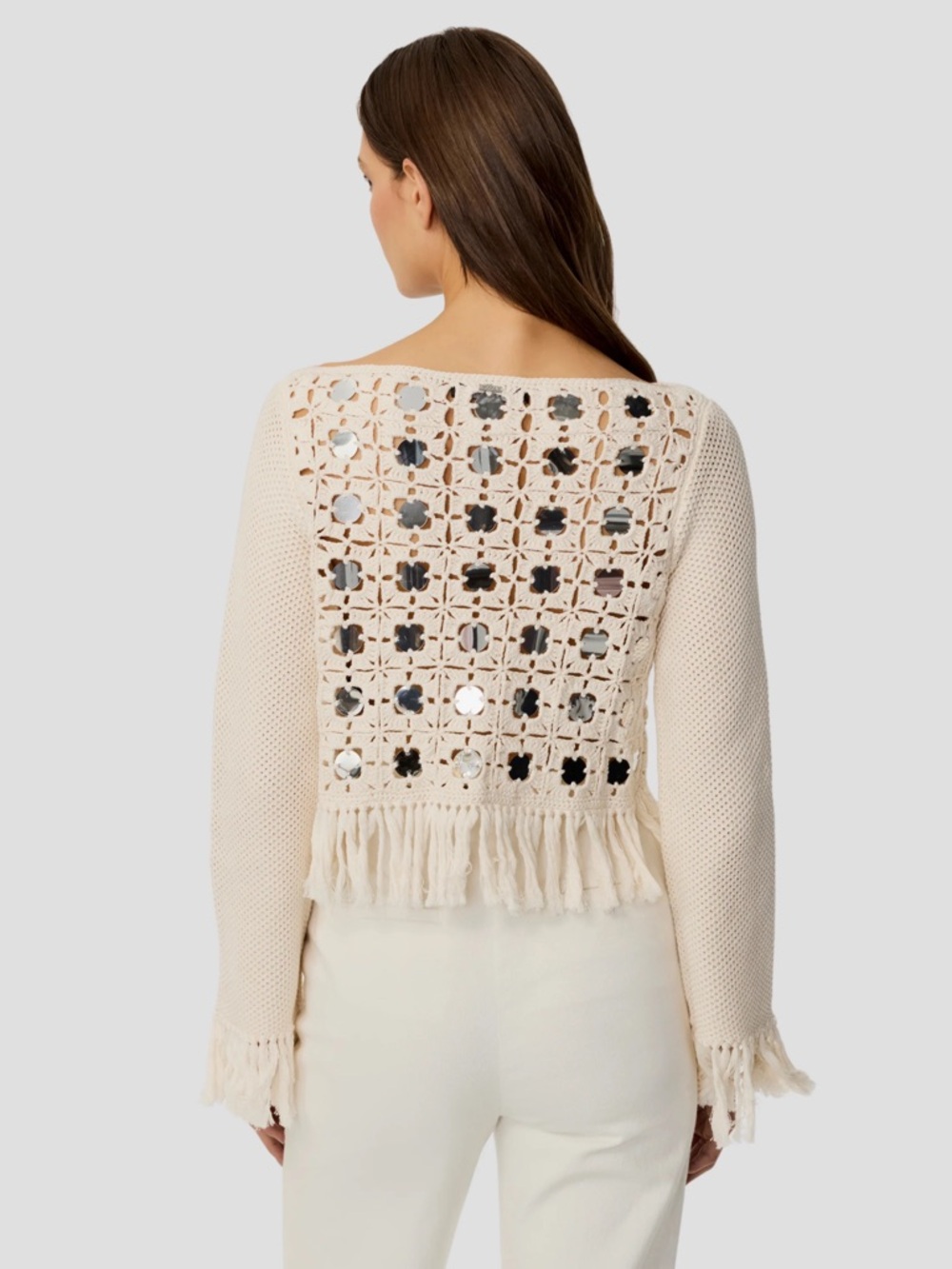 🌞 Toccin Camilla Mirrored Crochet Fringe Sweater Top Cream Off-White Large L - Picture 2 of 14